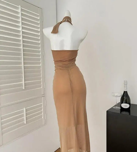 Women Brown High Waist Off Shoulder Hollow Out Backless Halter Long Dress Summer Sexy Elegant Sleeveless Party Evening Dress New