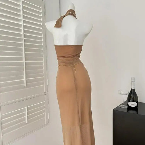 Load image into Gallery viewer, Women Brown High Waist Off Shoulder Hollow Out Backless Halter Long Dress Summer Sexy Elegant Sleeveless Party Evening Dress New
