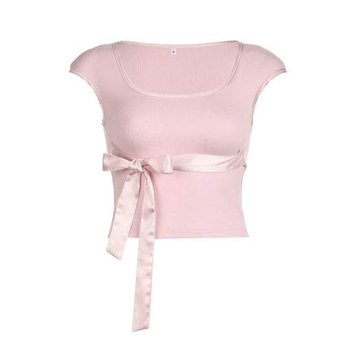 Load image into Gallery viewer, Sweet Pink Slim Summer T shirts Female Korean Fashion Tie-Up Bow Girls Y2K Kawaii Basic Tee Cropped Top Cute Coquette
