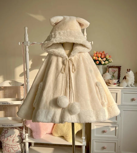 Winter Japanese Sweet Girly Lolita Cloak Coat Y2k Aesthetic Kawaii Bandage Outwear Vintage Casual Loose Cute Ears Hooded Jackets