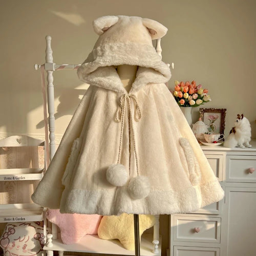 Load image into Gallery viewer, Winter Japanese Sweet Girly Lolita Cloak Coat Y2k Aesthetic Kawaii Bandage Outwear Vintage Casual Loose Cute Ears Hooded Jackets
