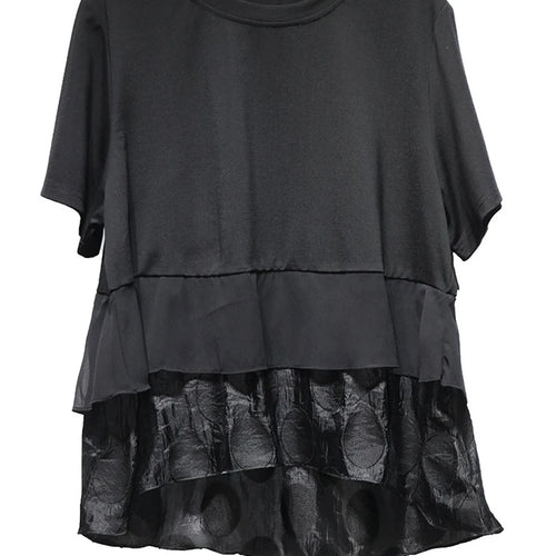 Load image into Gallery viewer, Women Black Hem Ruffles Irregular Big Size T-shirt New Round Neck Short Sleeve Fashion Tide Spring Summer 2025 1DJ0704
