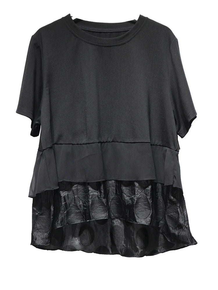 Women Black Hem Ruffles Irregular Big Size T-shirt New Round Neck Short Sleeve Fashion Tide Spring Summer 2025 1DJ0704