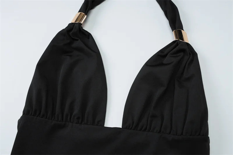 Elegant Summer 2 Piece Sets Women Metal Ring Crop Tops And Maxi Skirt Female Fashion Solid Lace-up Beach Two Piece Sets