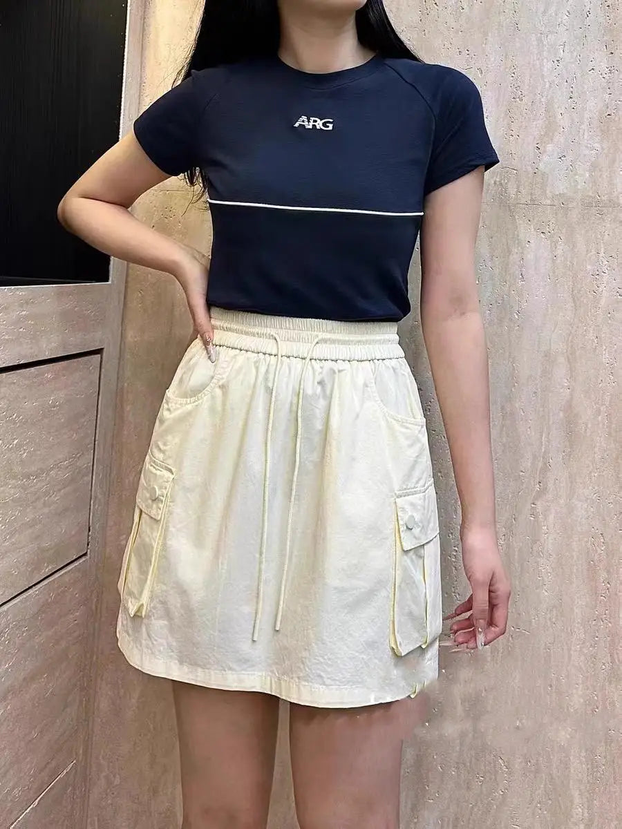 Korean Version Women Solid Drawstring Elastic Waist Lace-up Slim High Waist Work Short Skirt Summer Versatile Pockets Mini Skirt