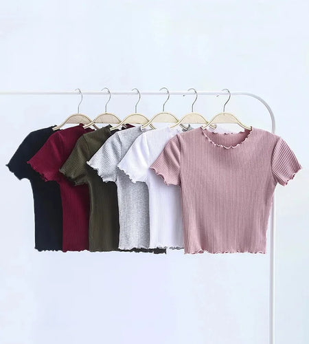Vintage Wood ears O neck Short sleeve T-shirt 2024 New Woman Slim Fit t shirt tight tee Summer Retro Tops 6 colors