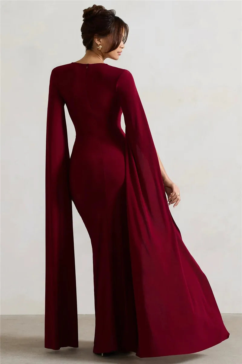 Long Cape Sleeve Split Maxi Dress For Women Gown Fashion Solid Square Collar Evening Sexy Long Dress Elegant New