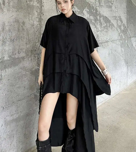 Women Black Layers Back Long Big Size Long Shirt Dress New Lapel Short Sleeve Fashion Tide Spring Summer 2025 1DH6073