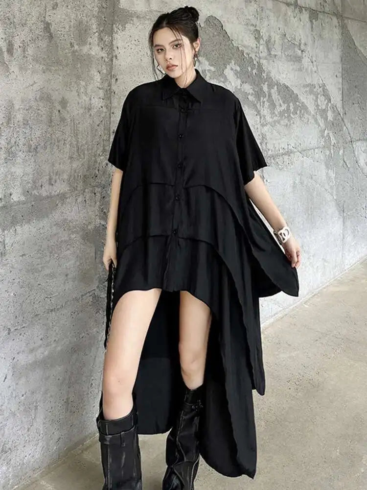 Women Black Layers Back Long Big Size Long Shirt Dress New Lapel Short Sleeve Fashion Tide Spring Summer 2025 1DH6073