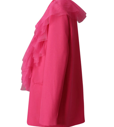 Women Rose Red 3d Flower Rhinestones Mesh Big Size Blazer New Lapel Long Sleeve Jacket Fashion Spring Autumn 2025 CPG3207