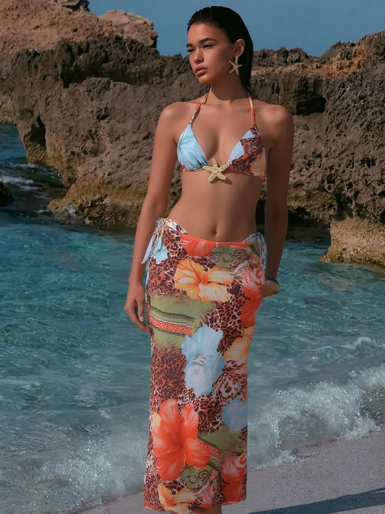 Vacation Women 3 Piece Set Swimsuit Beach Style Colorful Print Bandage Bra+Briefs+Maxi Skirts Midnight Club Party Suit