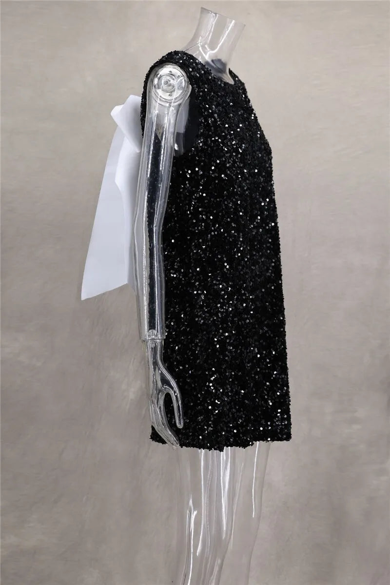 Sequins Backless Bow Sexy Mini Dress For Women Robe 2025 New Sleeveless A-line Sparkle Club Dress Elegant Vestido