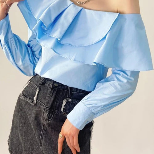 Load image into Gallery viewer, Minimalist Ruffles Shirts For Women Skew Collar Long Sleeve Ruffles Casual Loose Blouse Female Fashion Clothing
