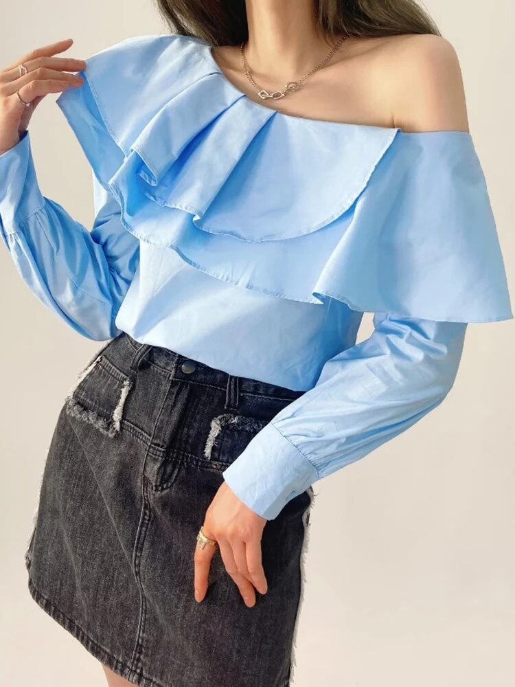 Minimalist Ruffles Shirts For Women Skew Collar Long Sleeve Ruffles Casual Loose Blouse Female Fashion Clothing