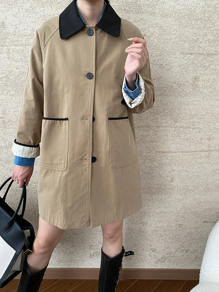 Women Khaki Color-block Big Size Casual Trench New Lapel Long Sleeve Windbreaker Fashion Tide Spring Autumn 2025 1DH7514