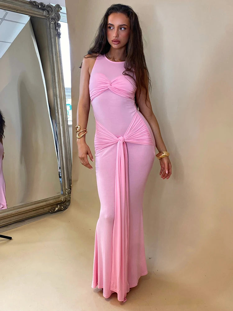 Elegant Mesh Patchwork Lace Up Dress For Women Bodycon Perspective Maxi Female Vestidos Party Club Evening Dress 2024