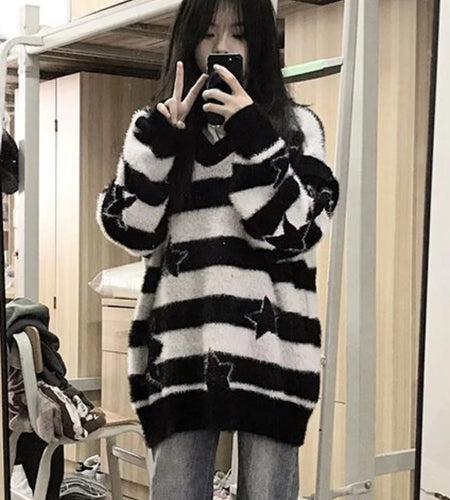 2025 Detachable Sleeve Gothic Sweaters Women Harajuku Knitted Oversized Striped Jumper Y2k Aesthetic Star Grunge Tops Streetwear