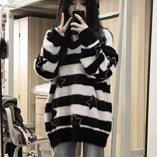 Load image into Gallery viewer, 2025 Detachable Sleeve Gothic Sweaters Women Harajuku Knitted Oversized Striped Jumper Y2k Aesthetic Star Grunge Tops Streetwear
