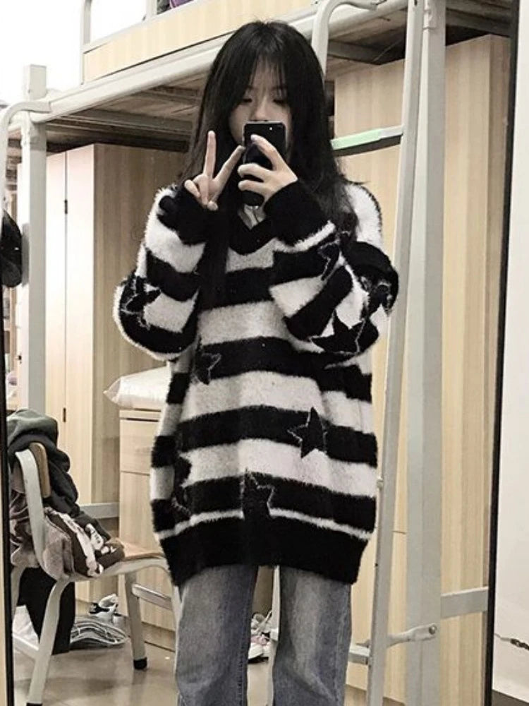 2025 Detachable Sleeve Gothic Sweaters Women Harajuku Knitted Oversized Striped Jumper Y2k Aesthetic Star Grunge Tops Streetwear