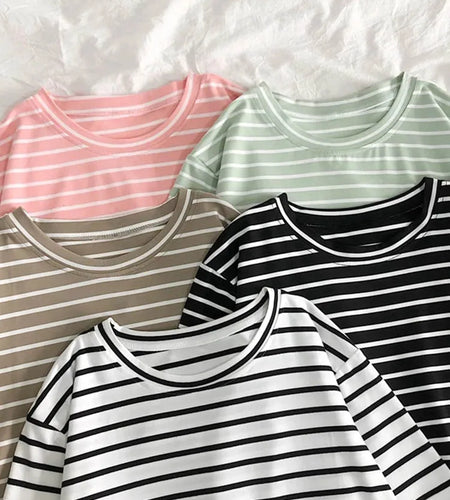 Harajuku Short Sleeve Korean O-Neck Casual Fashion Shirt Camiseta Feminina Tops T Shirt Women Solid Color Striped Punk T-shirt