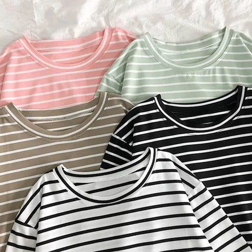 Load image into Gallery viewer, Harajuku Short Sleeve Korean O-Neck Casual Fashion Shirt Camiseta Feminina Tops T Shirt Women Solid Color Striped Punk T-shirt
