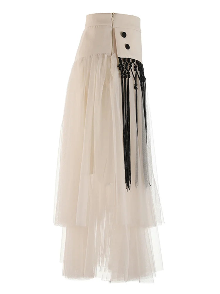 Patchwork Mesh Skirts For Women High Waist A Line Elegant Summer Spliced Button Skirt Female Fashion Style Clothing