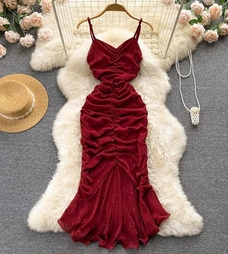 Evening Party Women Mermaid Dress Summer 2024 Ruched Backless Sexy Elegant Ladies French Style Solid Long Dresses