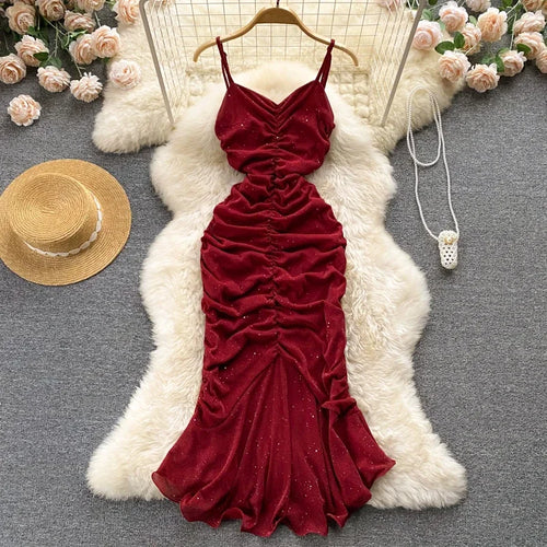 Load image into Gallery viewer, Evening Party Women Mermaid Dress Summer 2024 Ruched Backless Sexy Elegant Ladies French Style Solid Long Dresses
