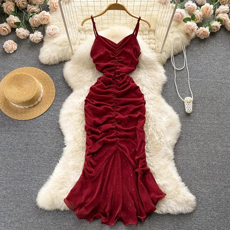 Evening Party Women Mermaid Dress Summer 2024 Ruched Backless Sexy Elegant Ladies French Style Solid Long Dresses