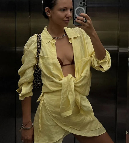 Summer Beach Two Piece Sets Women Long Sleeve Shirt And Mini Skirt Female See Through Loose 2 Piece Set Beachwear