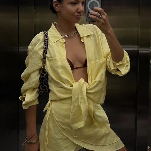 Load image into Gallery viewer, Summer Beach Two Piece Sets Women Long Sleeve Shirt And Mini Skirt Female See Through Loose 2 Piece Set Beachwear
