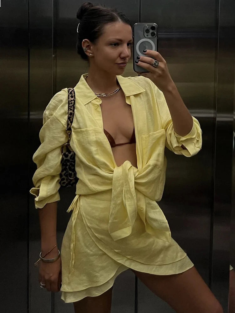 Summer Beach Two Piece Sets Women Long Sleeve Shirt And Mini Skirt Female See Through Loose 2 Piece Set Beachwear