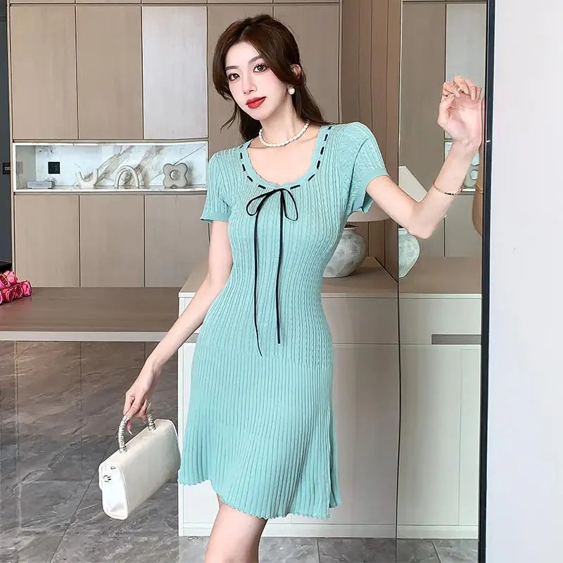Korean Women's Black Beige Round Neck Knitted Office Lady Short Sleeve Mini Dress Summer Green Lace-up Short Dresses Simplicity