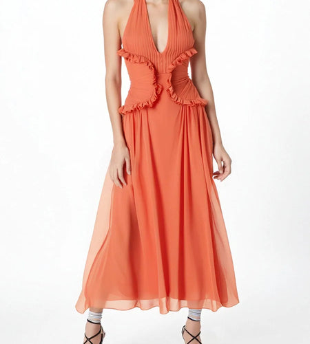 Temperament Long Dresses for Women Halter Sleeveless Backless Tunic Spliced Folds Sexy Dress Female Clothing New