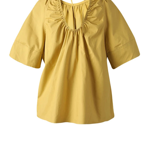 Load image into Gallery viewer, Women Yellow Backless Bandage Big Size Blouse New Round Neck Short Sleeve Shirt Fashion Tide Spring Summer 2025 CPG3248
