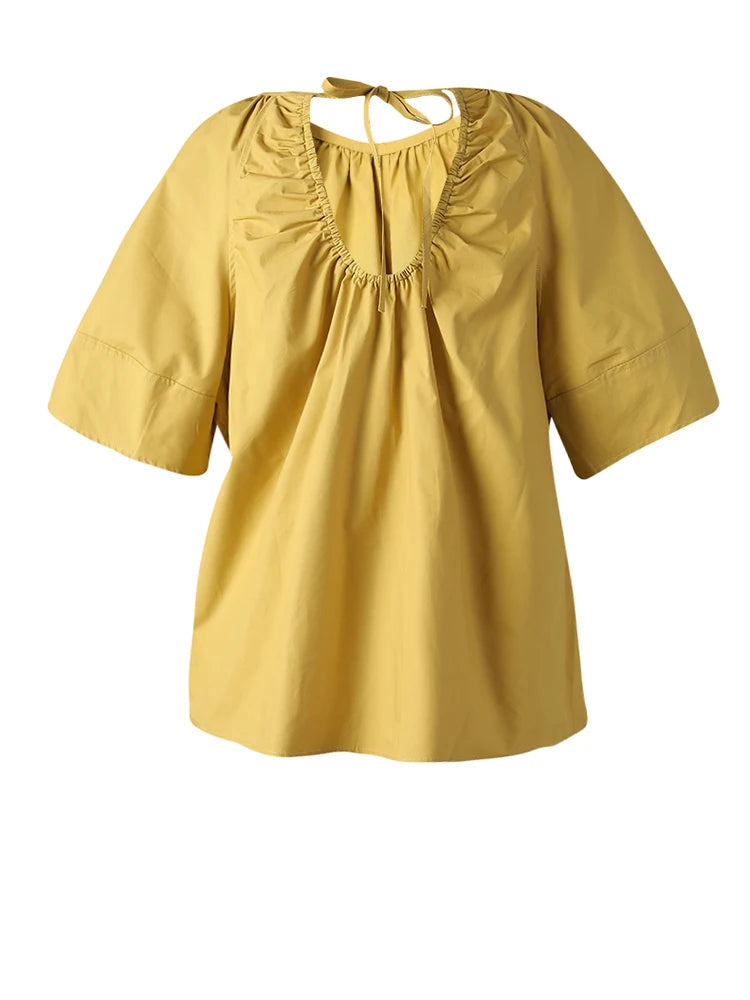 Women Yellow Backless Bandage Big Size Blouse New Round Neck Short Sleeve Shirt Fashion Tide Spring Summer 2025 CPG3248