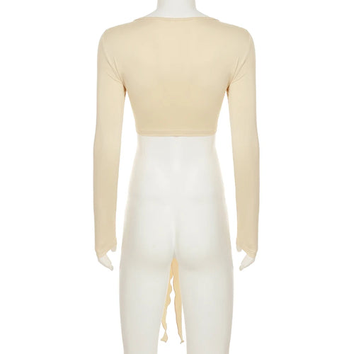 Load image into Gallery viewer, Casual Summer Solid Basic Smock T-shirts Women Tie Up Cardigan Long Sleeve Cropped Tops All Match Skinny Clothes Chic
