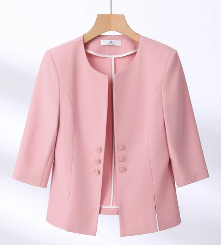 Spring Women Black Beige Seven Quarter Sleeve Double Breasted Blazer Coat Pink Slim Business Office Lady Work Short Tops Simple