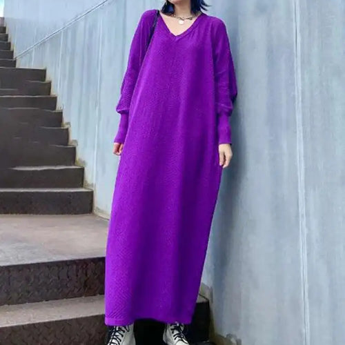Load image into Gallery viewer, Women Purple Knitting Big Size Casual Long Sweater Dress New V-Neck Long Sleeve Fashion Tide Spring Autumn 2025 1DH7780
