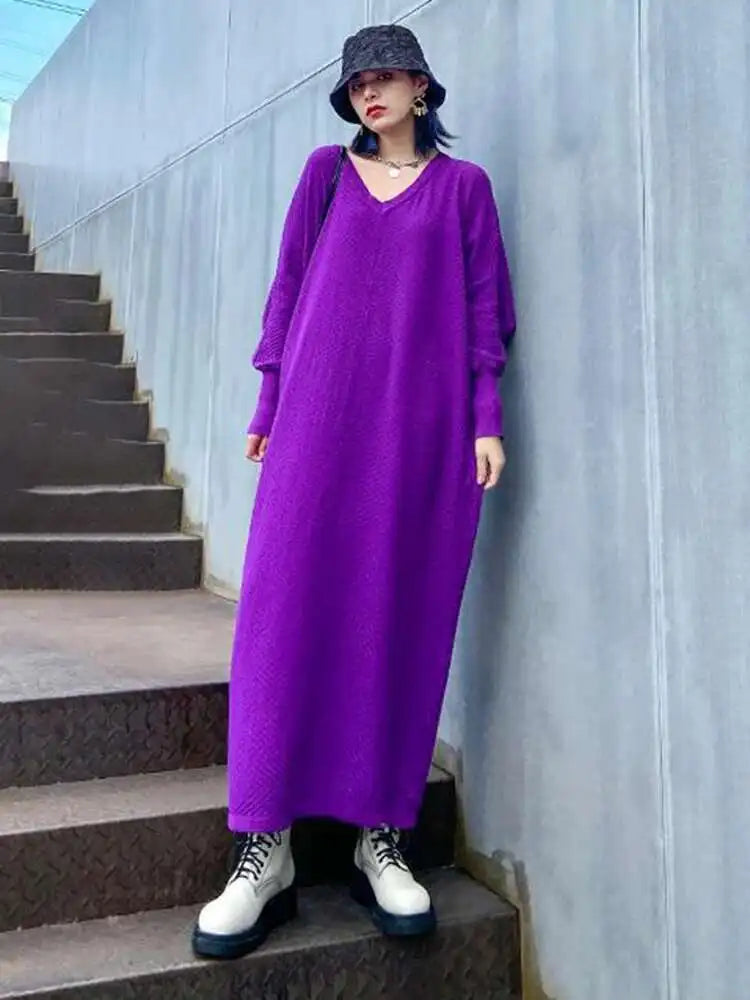 Women Purple Knitting Big Size Casual Long Sweater Dress New V-Neck Long Sleeve Fashion Tide Spring Autumn 2025 1DH7780