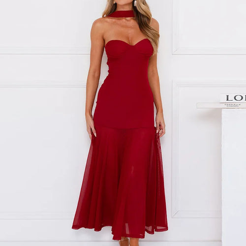 Load image into Gallery viewer, Scarf collar strapless sexy maxi dress women gown off-shoulder backless sleeveless A-line bodycon club long dress
