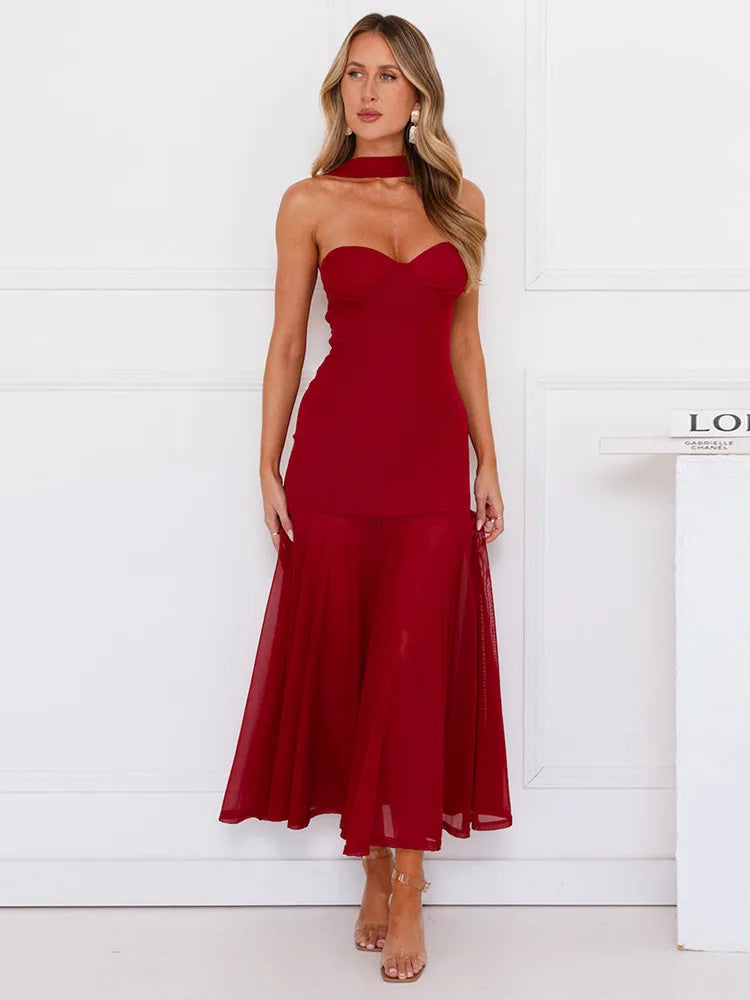 Scarf collar strapless sexy maxi dress women gown off-shoulder backless sleeveless A-line bodycon club long dress