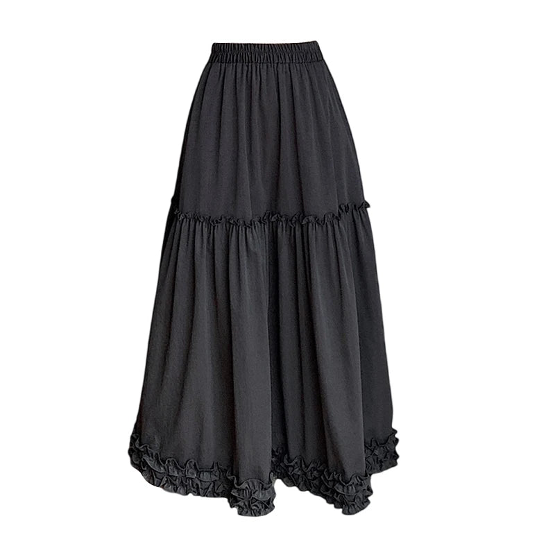 Spring Summer French Vintage Fashion Black Elegant Sexy Ruffle Edge Pleated Long Skirt Women White High Waist Slim Skirts 2025