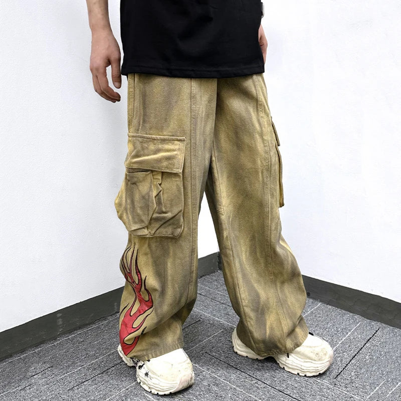 Men's Cargo Pants New American Style Tie Dye Dirty Flame Pattern Washed Straight Wide Leg Male Trousers Summer 9W1787
