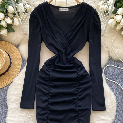Load image into Gallery viewer, Korean 2025 Spring New Black Elegant Long Sleeves Office Wrapping Hip Mini Dress Women Grey V Neck Vacation Pleated Short Dress
