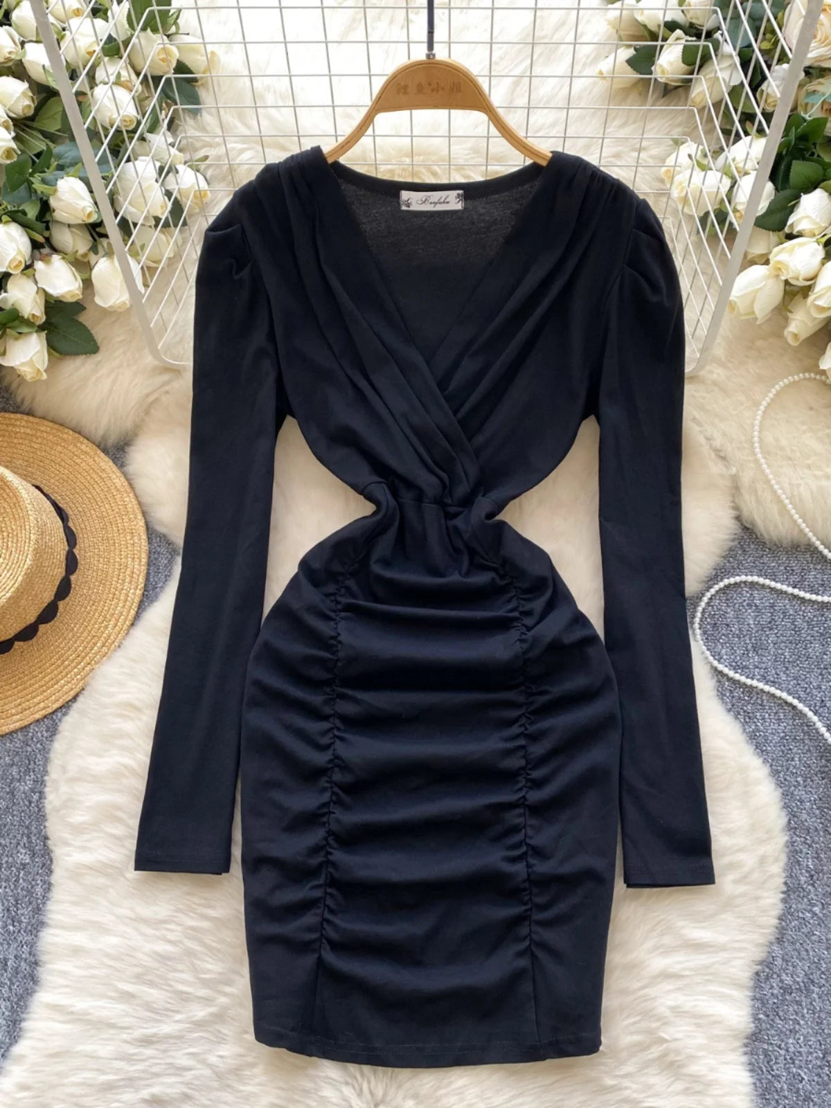 Korean 2025 Spring New Black Elegant Long Sleeves Office Wrapping Hip Mini Dress Women Grey V Neck Vacation Pleated Short Dress