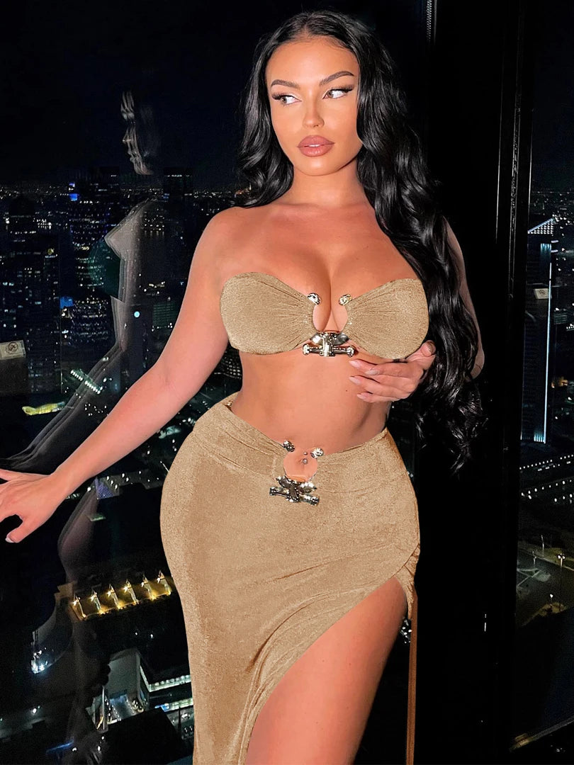 Sexy Strapless Crop Tube Top High Waist Slit Maxi Dress 2 Pcs Suits 2023 Fall Women Fashion Streetwear Vestido Y2K