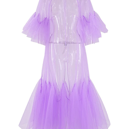 Load image into Gallery viewer, Women Purple Ruffles Mesh Perspective Big Size Long Dress New Round Neck Half Sleeve Fashion Spring Summer 2025 JR7711

