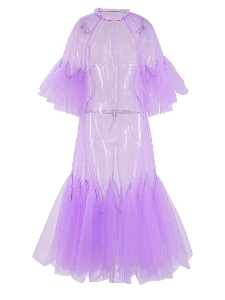 Women Purple Ruffles Mesh Perspective Big Size Long Dress New Round Neck Half Sleeve Fashion Spring Summer 2025 JR7711