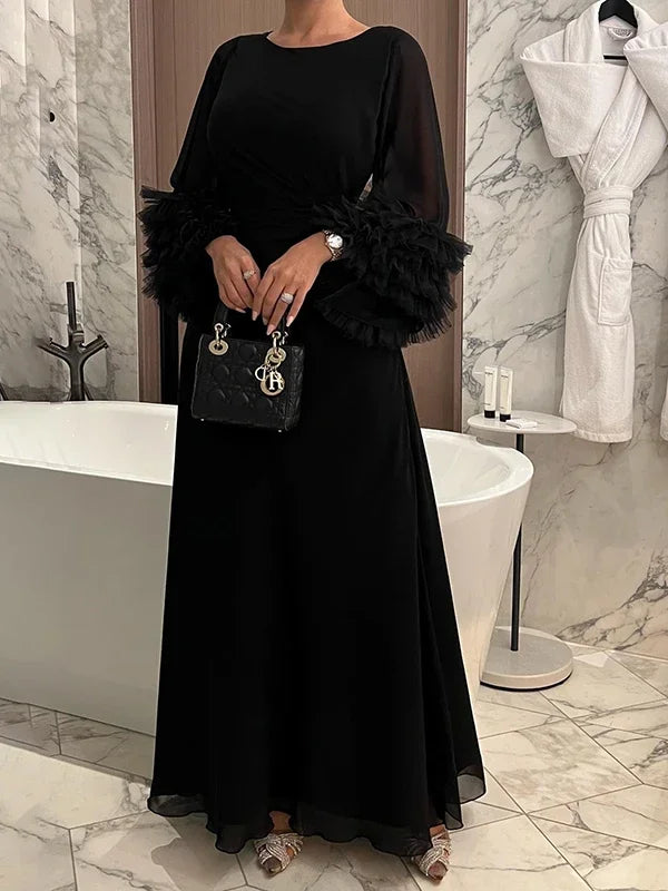 Elegant Solid Color Pleated Waist Party Evening Maxi Dresses 2025 New Spring Summer Fashion Flared Sleeve A-Line Dress